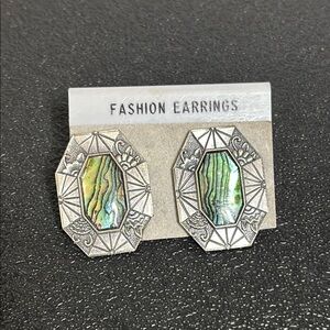 Vintage Duri Signed Art Deco Inlaid Pearl Shell Abalone Silver Green Earrings